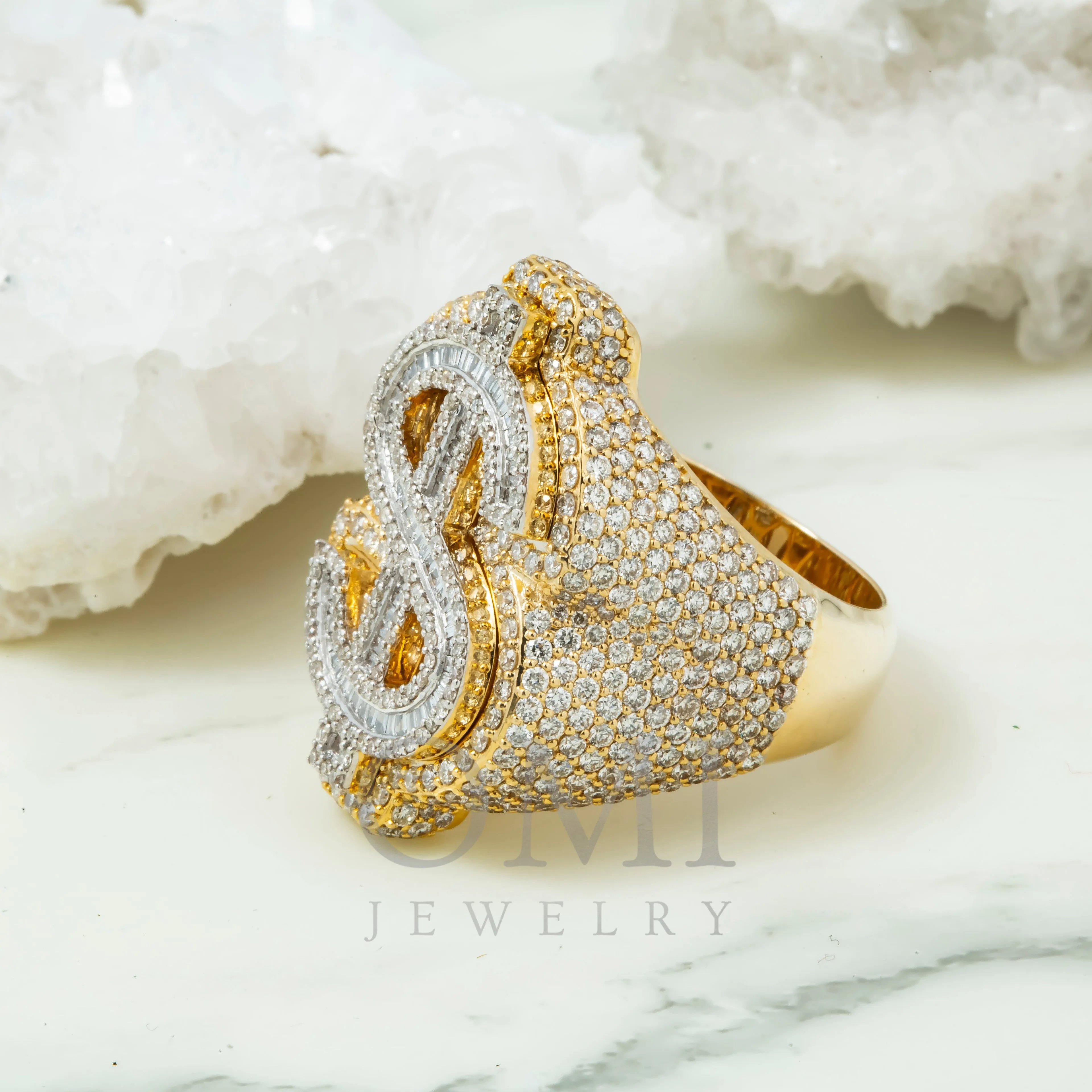 10K GOLD BAGUETTE AND ROUND DIAMOND DOLLAR SIGN STATEMENT RING 4.36 CT