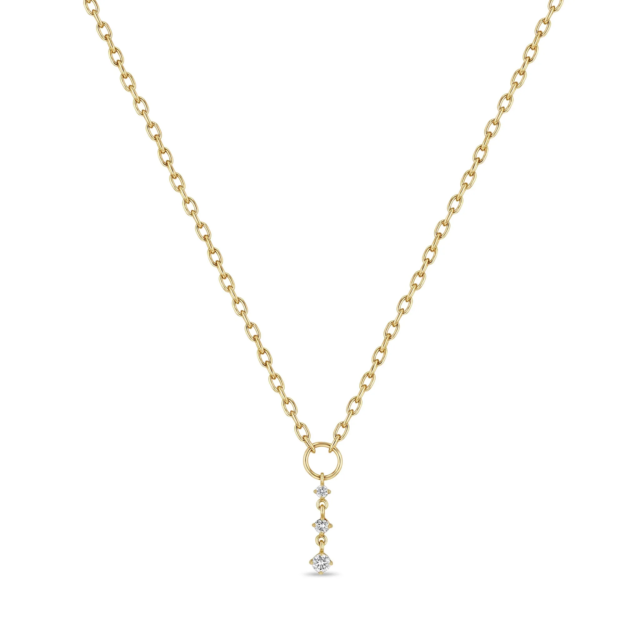 14k Circle Square Oval Chain Lariat with Graduated Prong Diamond Drop