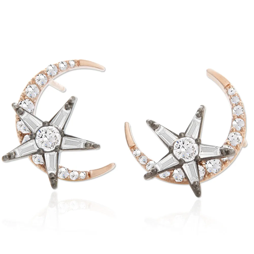 14K Gold Plated Two-Tone CZ Crescent Moon and Star Earrings for Women