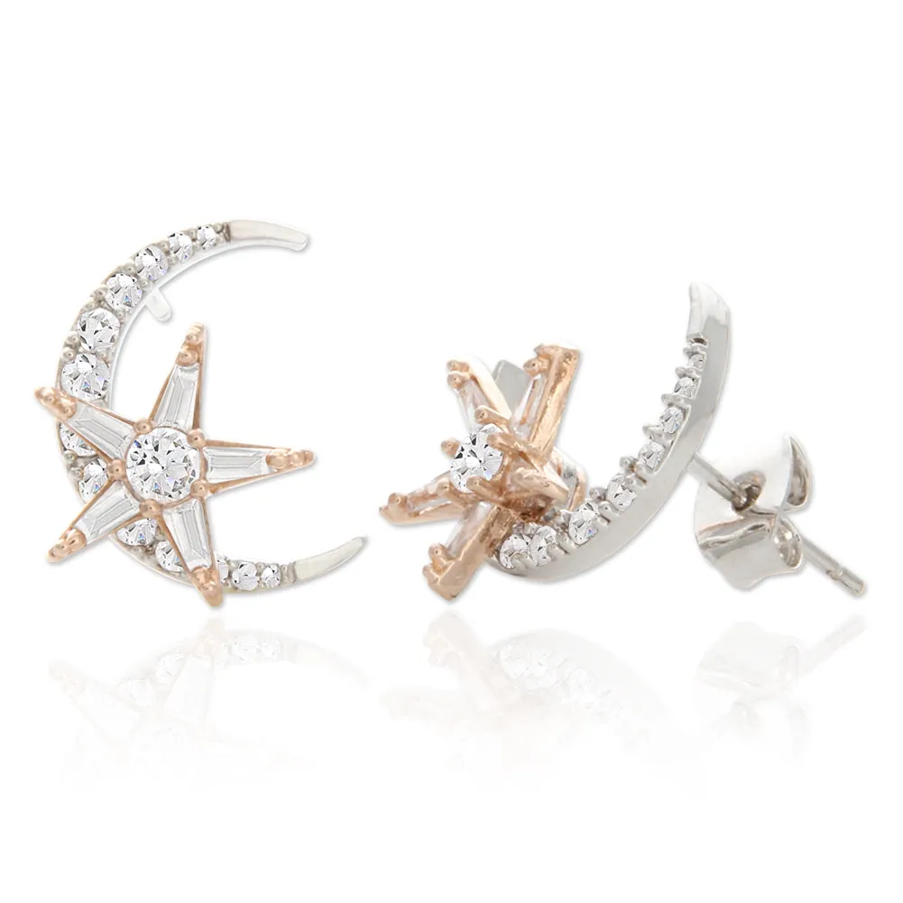 14K Gold Plated Two-Tone CZ Crescent Moon and Star Earrings for Women