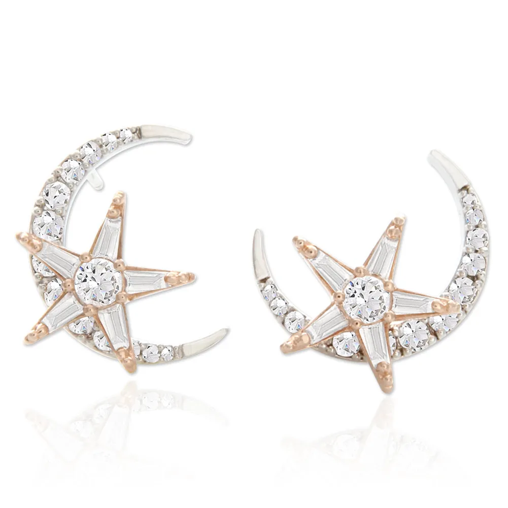 14K Gold Plated Two-Tone CZ Crescent Moon and Star Earrings for Women