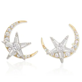 14K Gold Plated Two-Tone CZ Crescent Moon and Star Earrings for Women