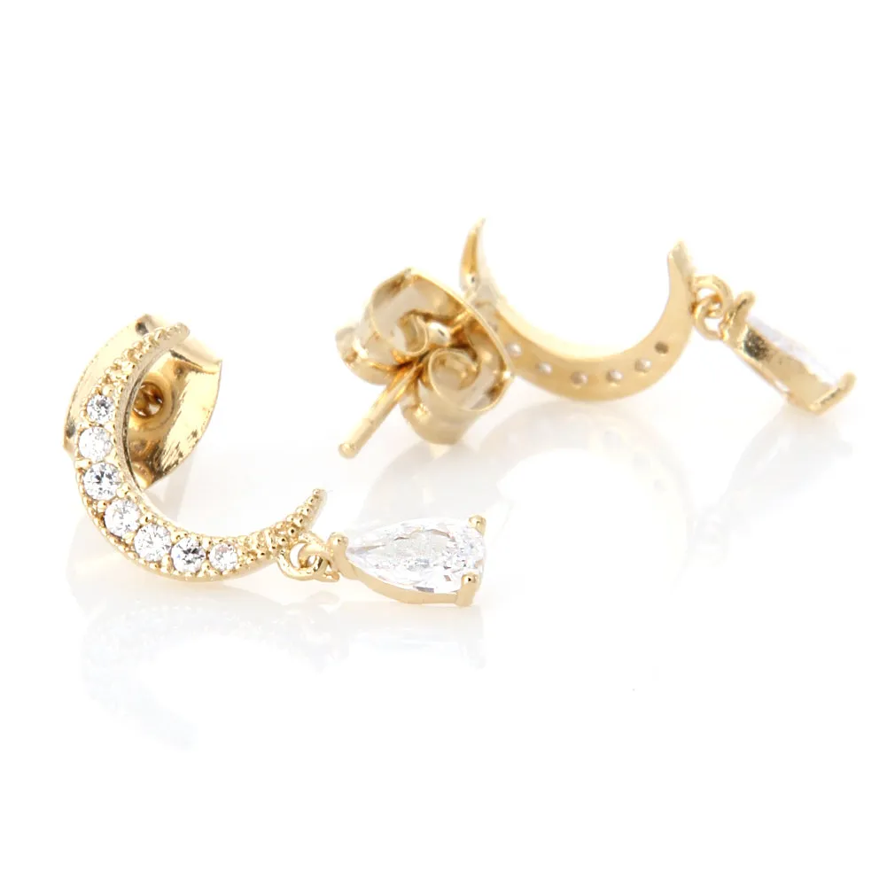 2 Set CZ Crescent Moon Earrings and Fake Diamond Studs 2 Pairs Earrings