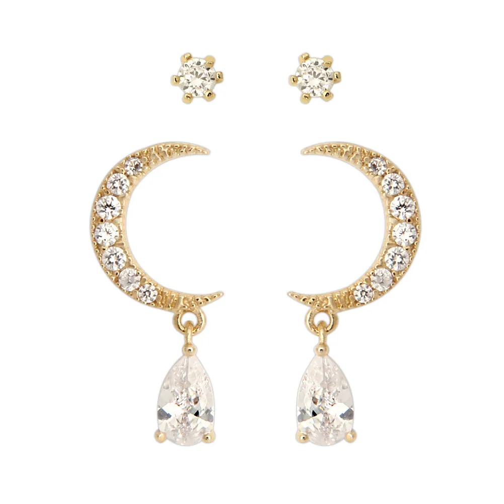 2 Set CZ Crescent Moon Earrings and Fake Diamond Studs 2 Pairs Earrings