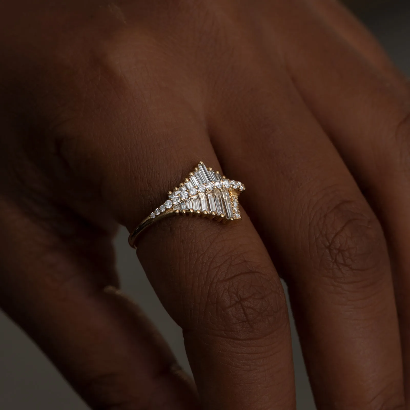 Asymmetrical Baguette Cluster Ring with Round Diamond Beams