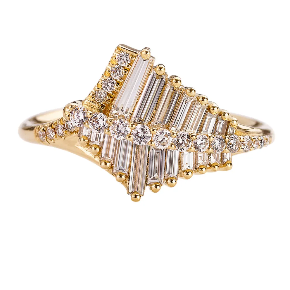 Asymmetrical Baguette Cluster Ring with Round Diamond Beams