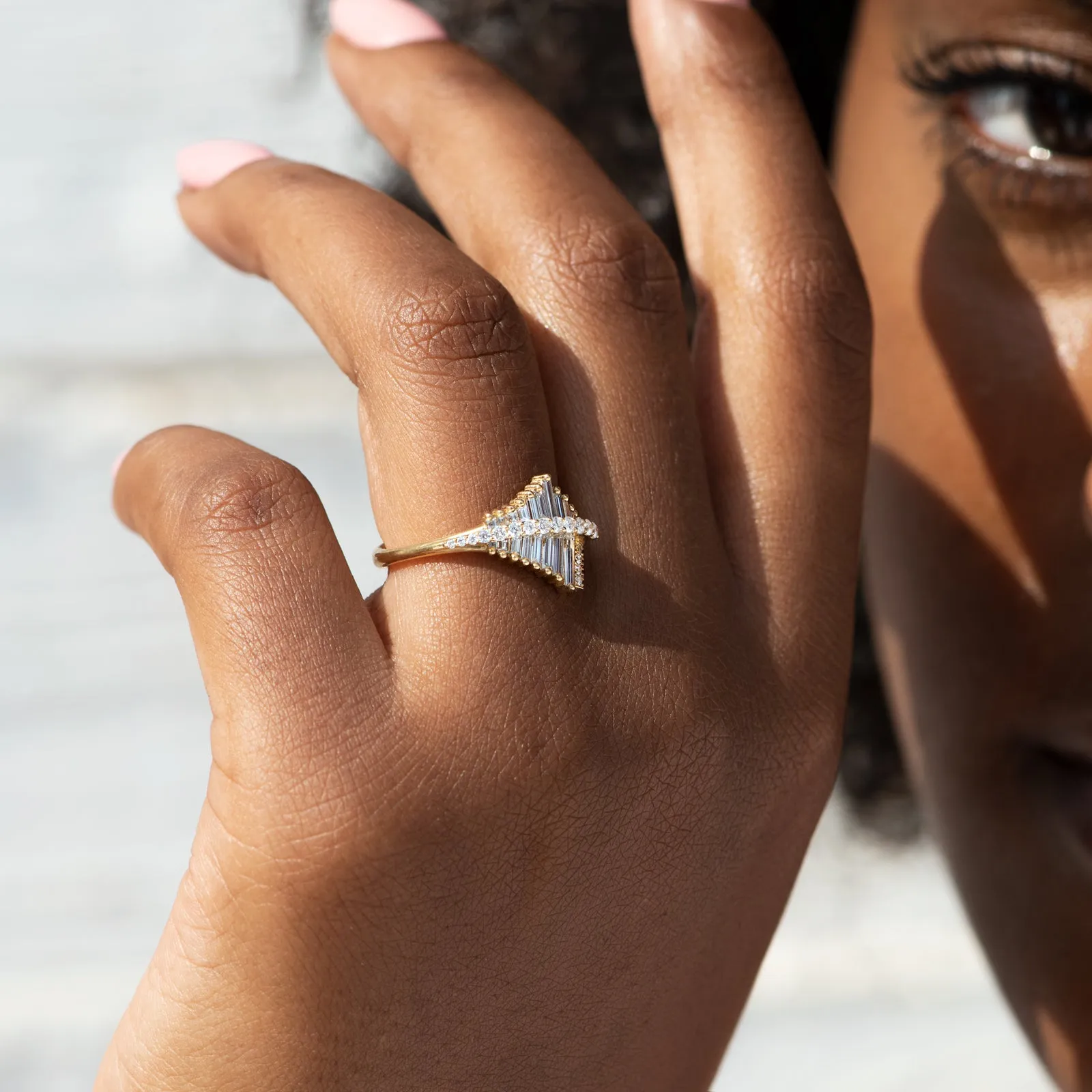 Asymmetrical Baguette Cluster Ring with Round Diamond Beams