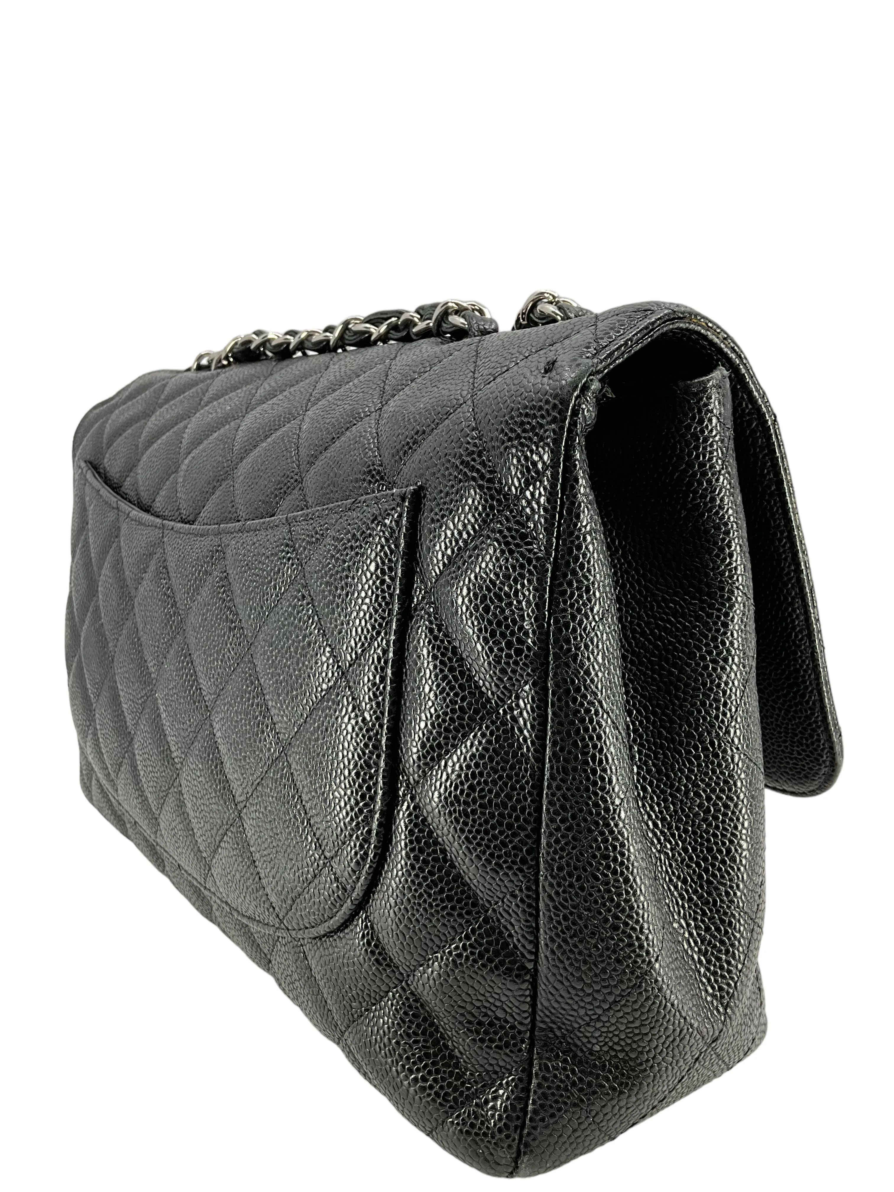 CHANEL Classic Double Chain Flap Bag In Black Caviar Leather