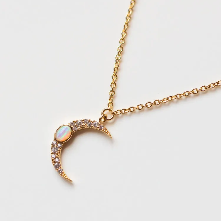 Crescent Moon Necklace with Opal and CZ