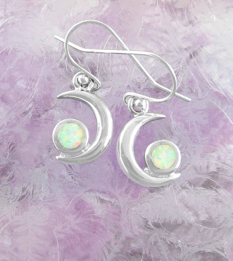 Crescent Moon With Lab Opal Cabochon Hook Earrings