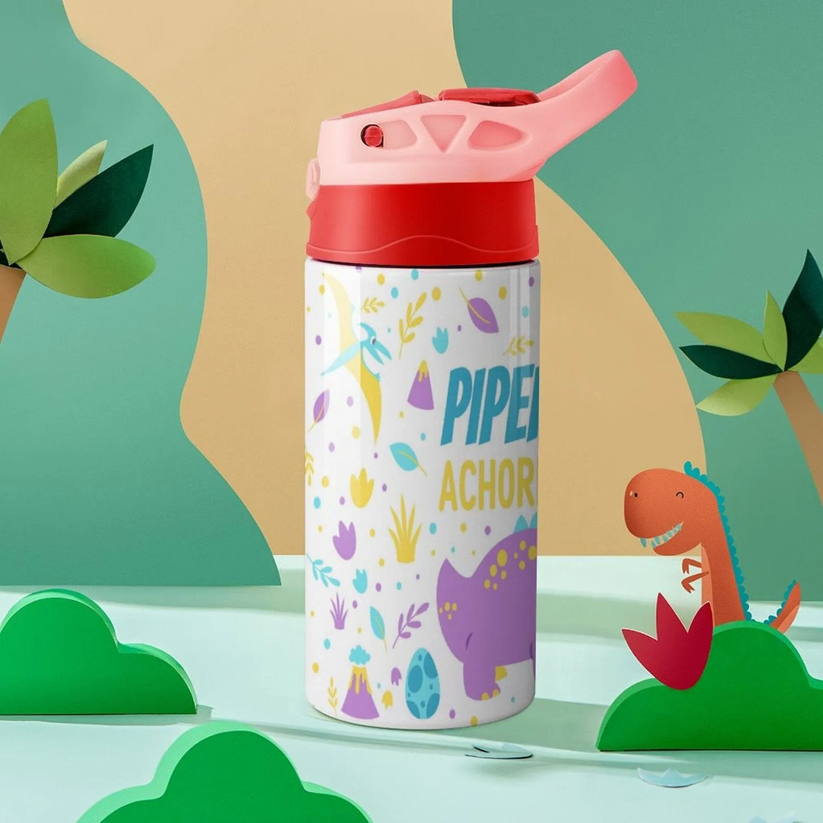 Custom Name Funny Dinosaur Kids Water Bottle 12OZ Stainless Steel Personalized Drink Cup