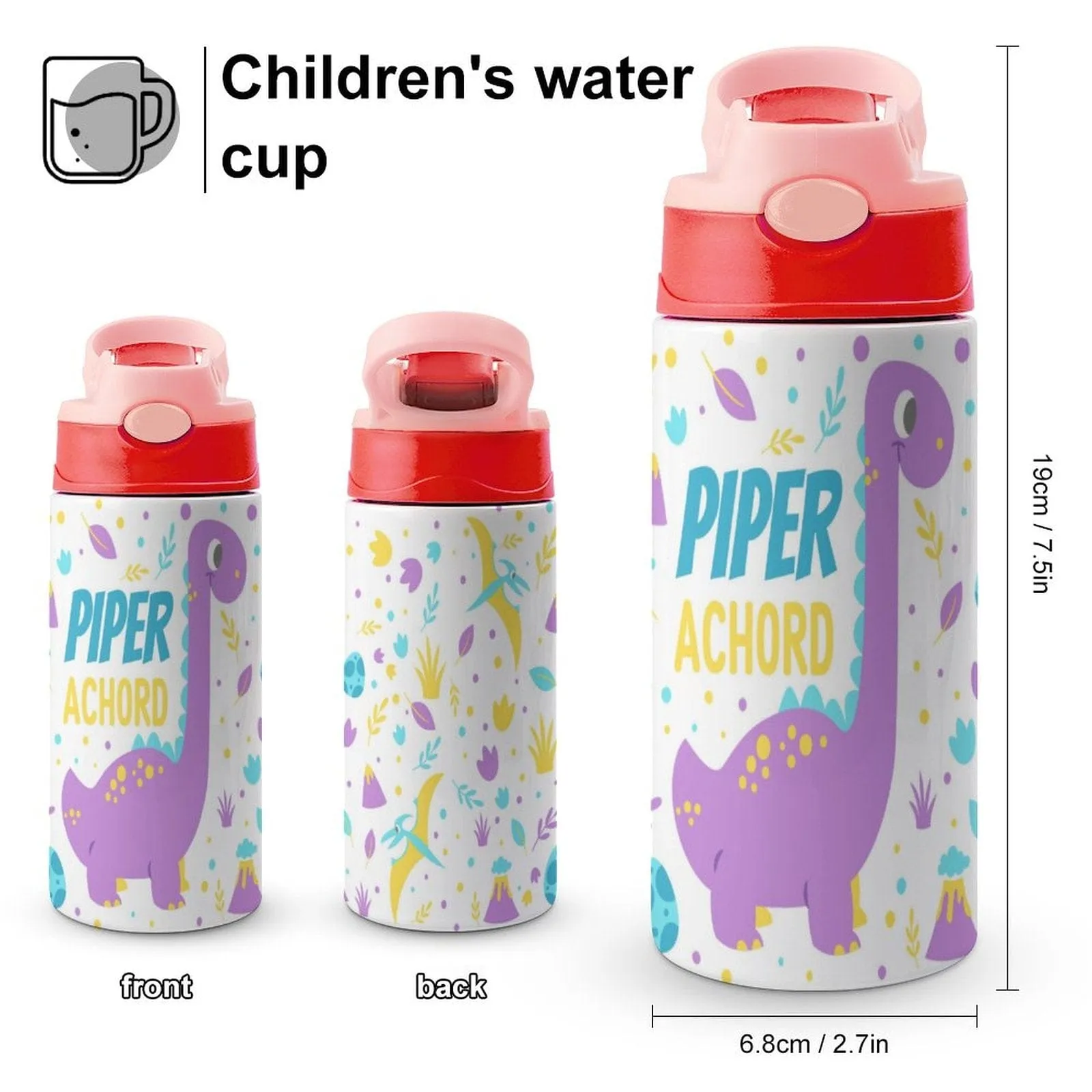 Custom Name Funny Dinosaur Kids Water Bottle 12OZ Stainless Steel Personalized Drink Cup