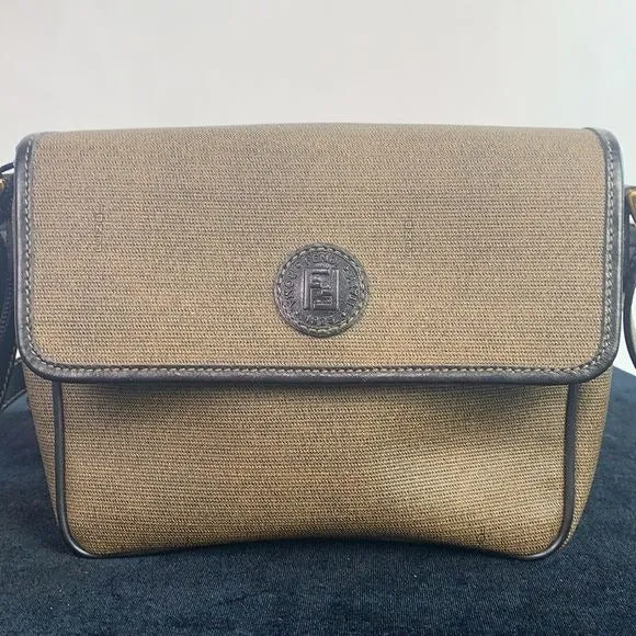 FENDI VTG tan coated canvas logo crossbody bag