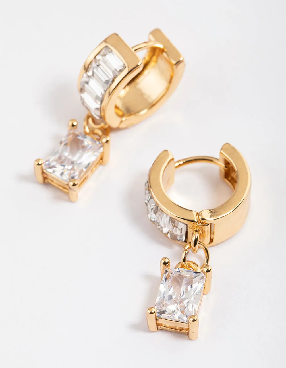 Gold Plated Cubic Zirconia Baguette Drop Huggie Earrings