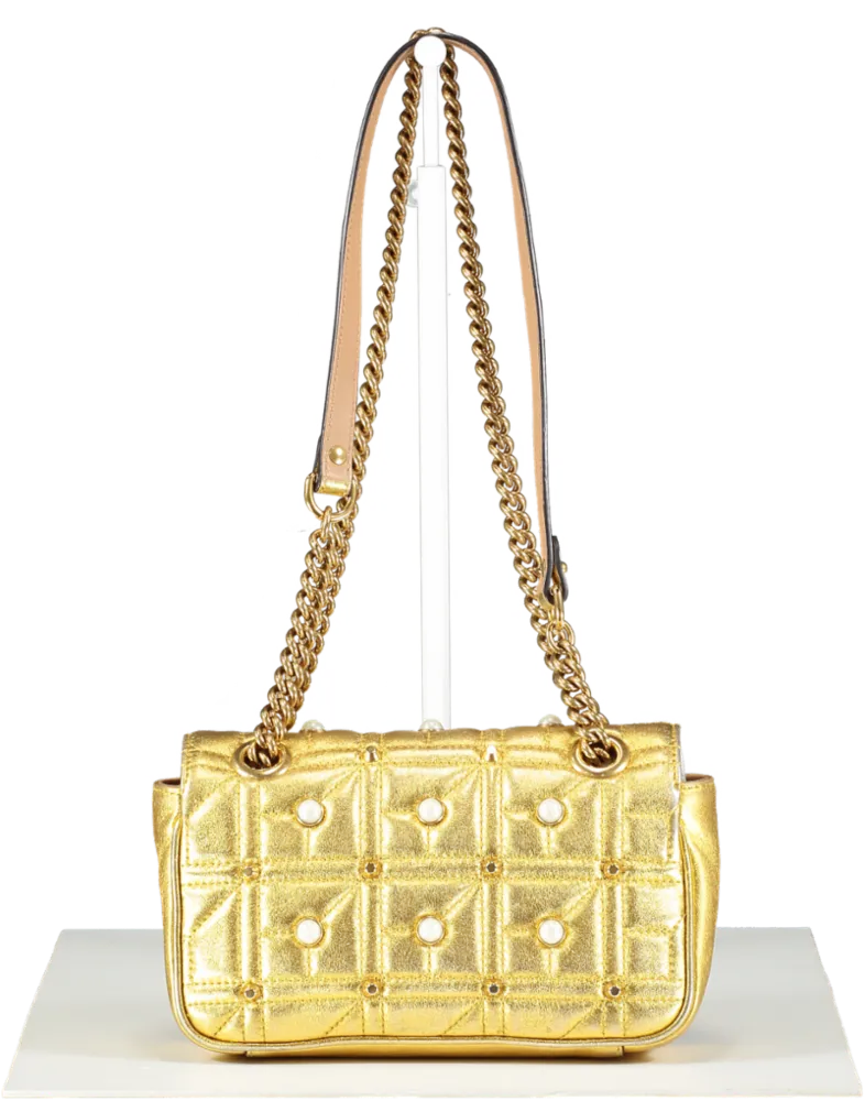 Gucci Metallic Matelasse Studded Mini Pearly Gg Marmont Shoulder Bag Gold