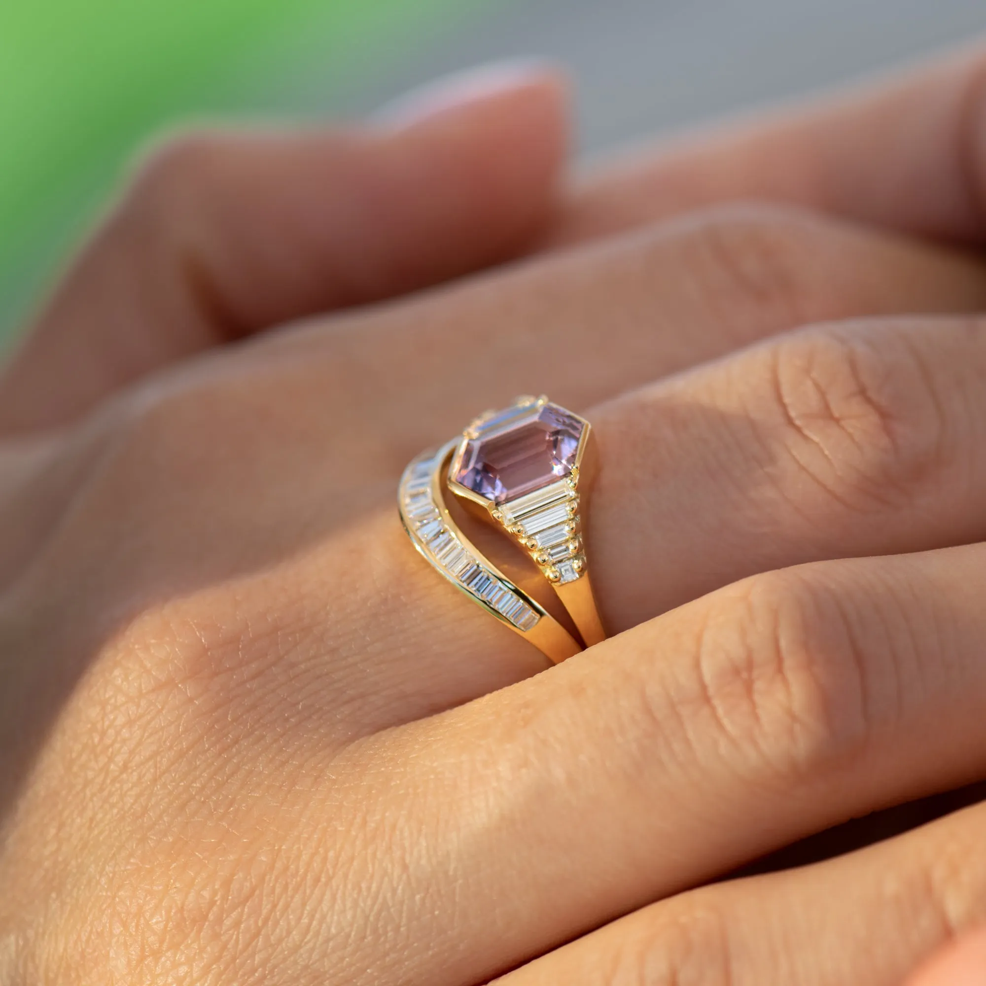 Lilac Engagement Ring with an Elongated Hexagon Spinel and Baguette Diamonds