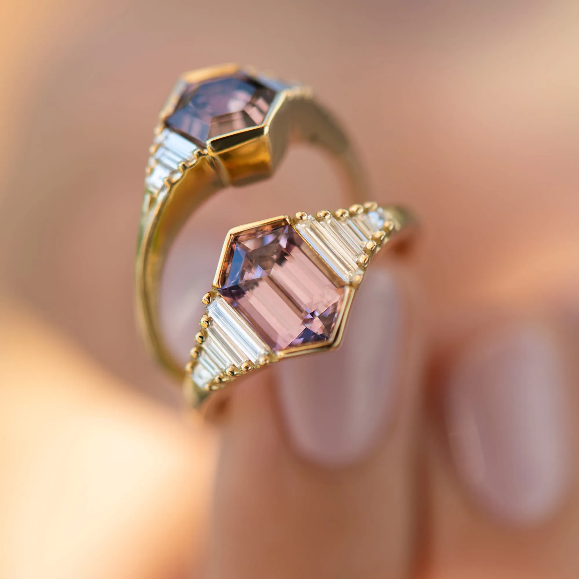 Lilac Engagement Ring with an Elongated Hexagon Spinel and Baguette Diamonds