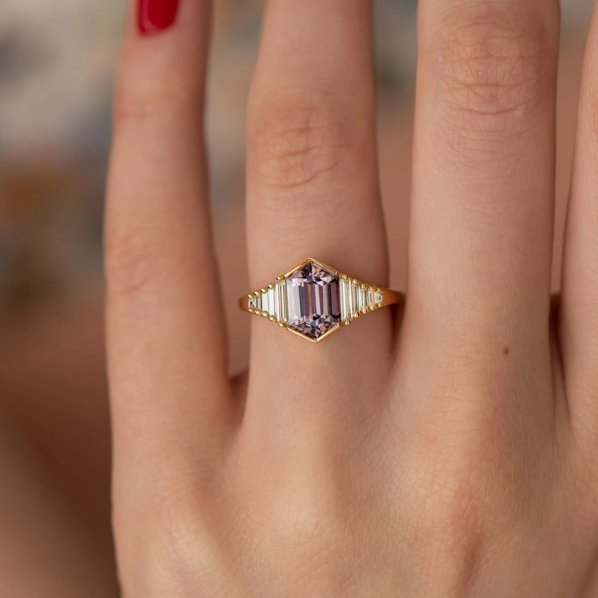 Lilac Engagement Ring with an Elongated Hexagon Spinel and Baguette Diamonds