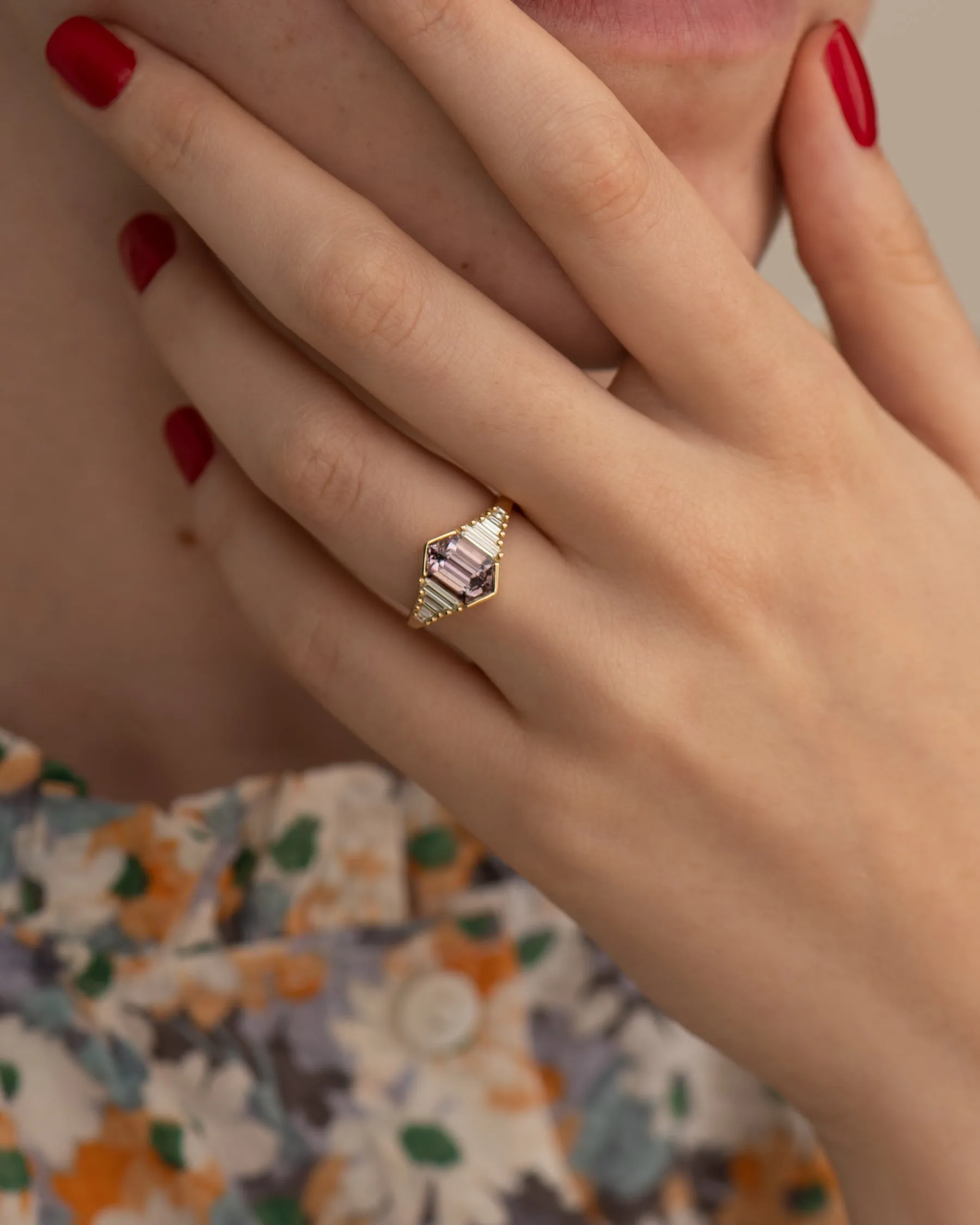 Lilac Engagement Ring with an Elongated Hexagon Spinel and Baguette Diamonds