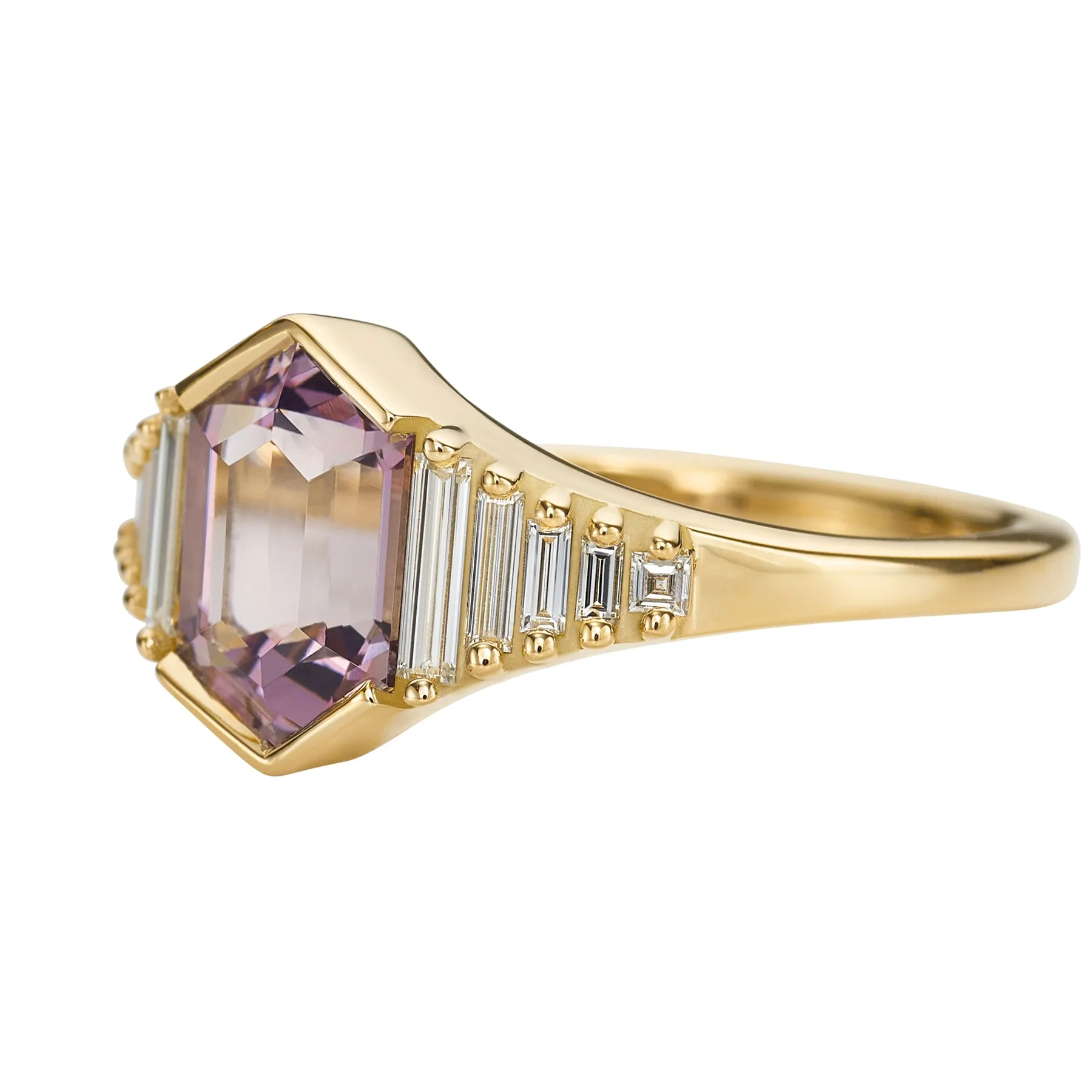 Lilac Engagement Ring with an Elongated Hexagon Spinel and Baguette Diamonds