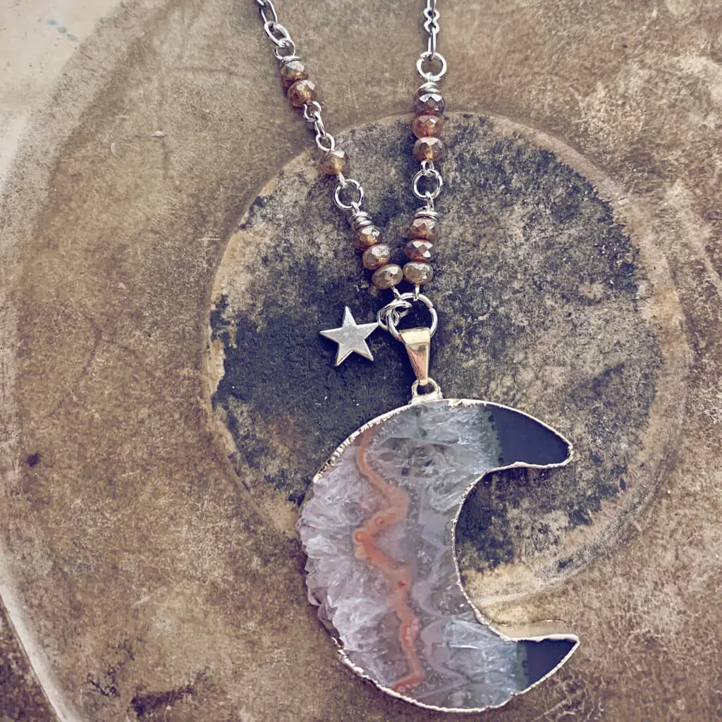 luna // silver electroplated crescent moon amethyst slice bohemian necklace