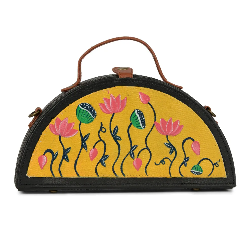 Pichwai Yellow Hand Painted Semi circle Clutch Bag for women