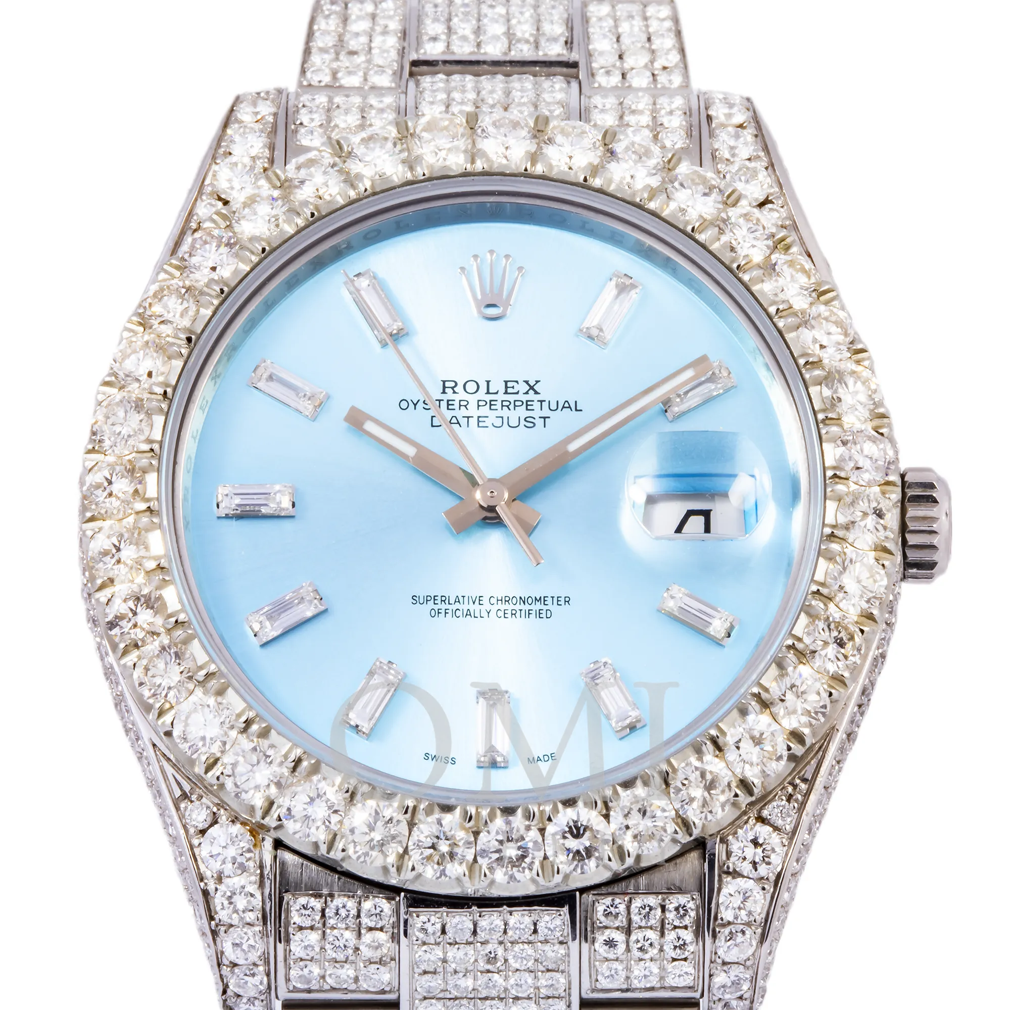 ROLEX DATEJUST 116200 36MM SKY BLUE BAGUETTE DIAMOND DIAL WITH STAINLESS STEEL OYSTER DIAMOND BRACELET