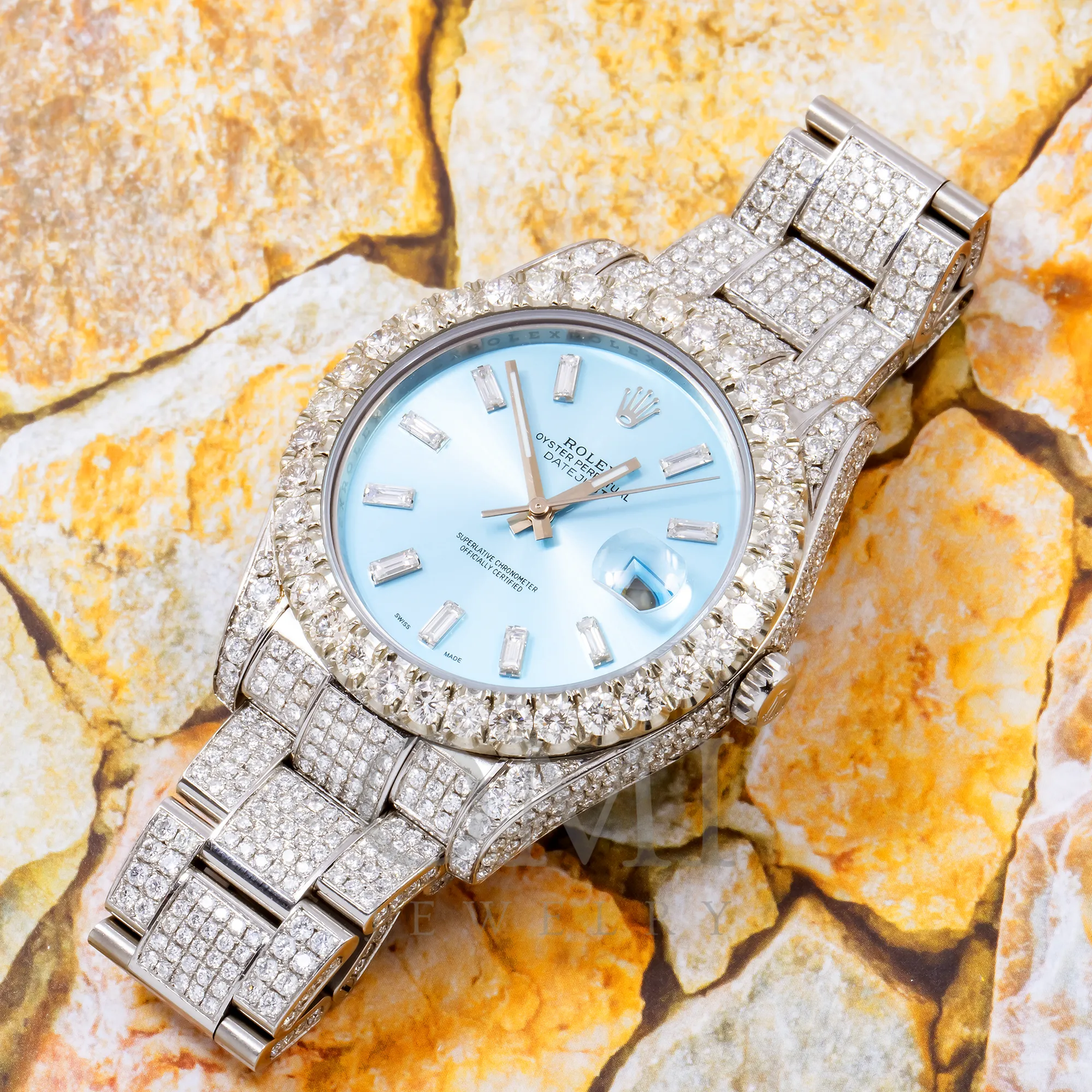 ROLEX DATEJUST 116200 36MM SKY BLUE BAGUETTE DIAMOND DIAL WITH STAINLESS STEEL OYSTER DIAMOND BRACELET