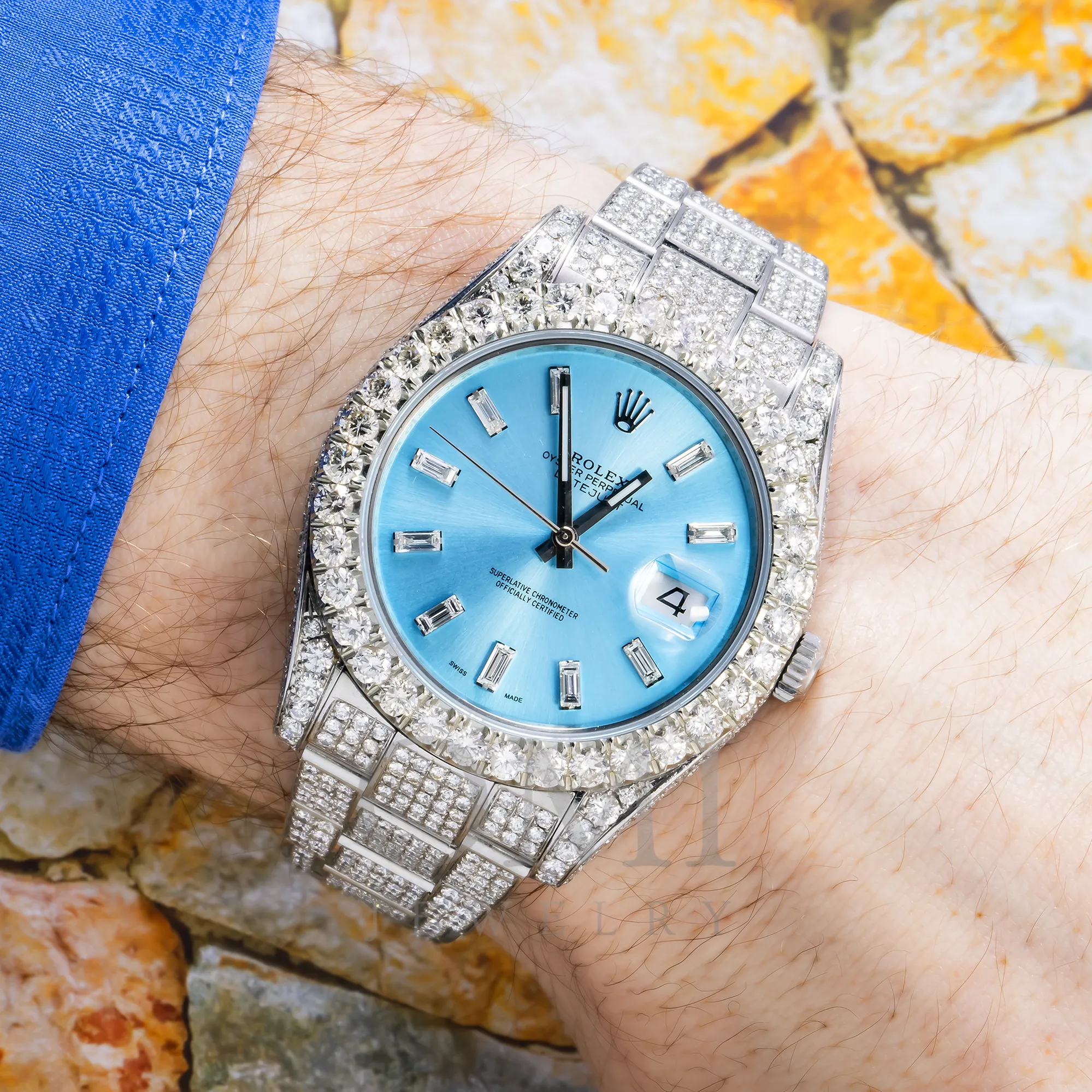 ROLEX DATEJUST 116200 36MM SKY BLUE BAGUETTE DIAMOND DIAL WITH STAINLESS STEEL OYSTER DIAMOND BRACELET