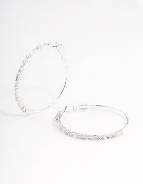 Silver Plated Round & Baguette Large Hoop Earrings