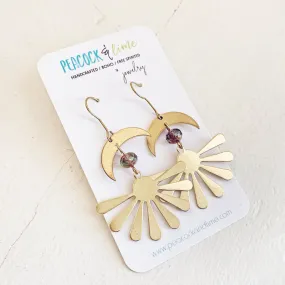 solstice // boho brass sun and crescent moon earrings