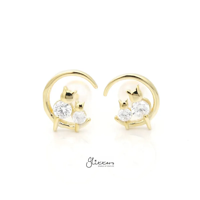 Sterling Silver Crescent Moon with CZ Cats Stud Earrings - Gold