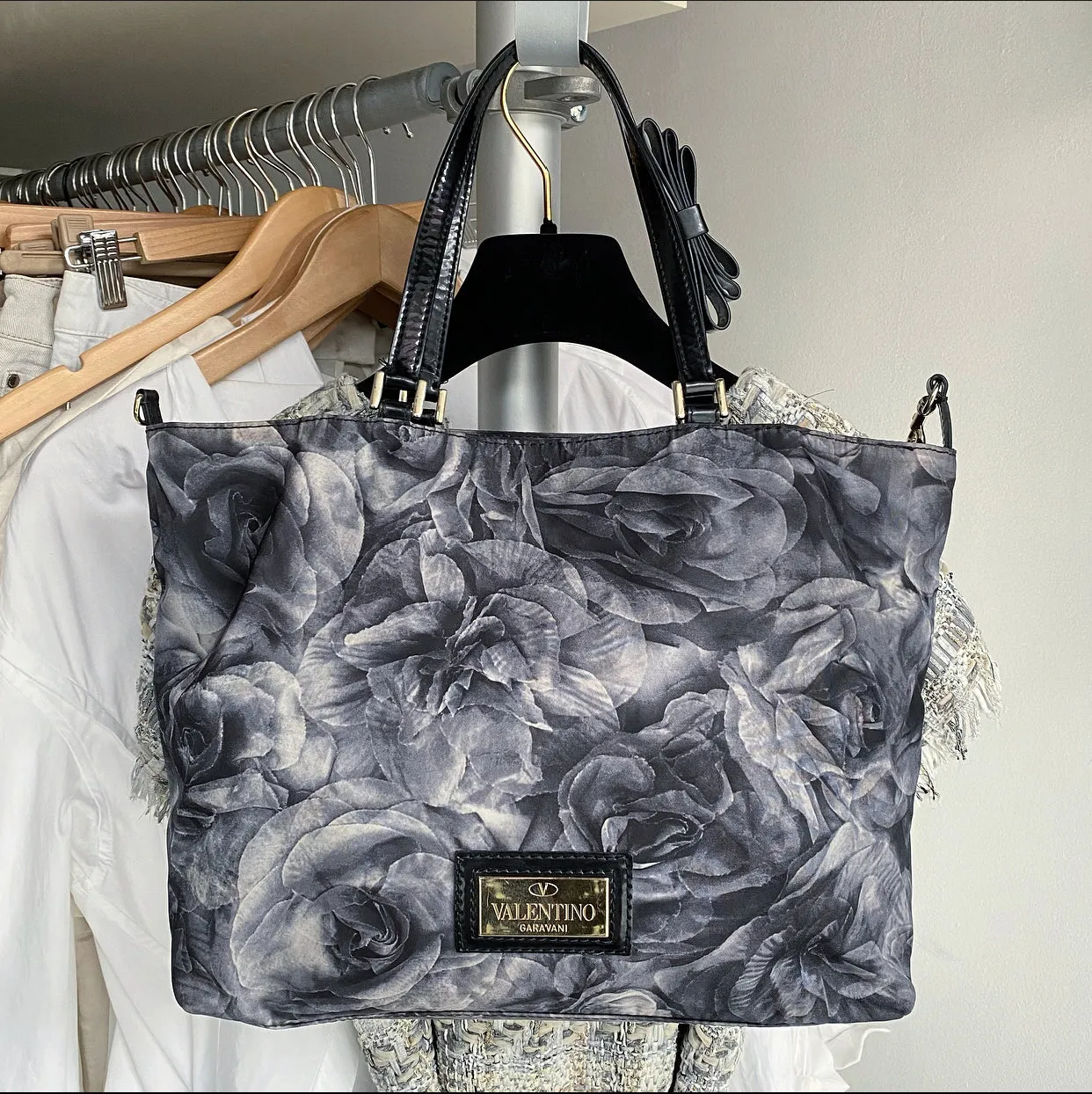 Valentino Grey Nylon Floral Small Tote Bag