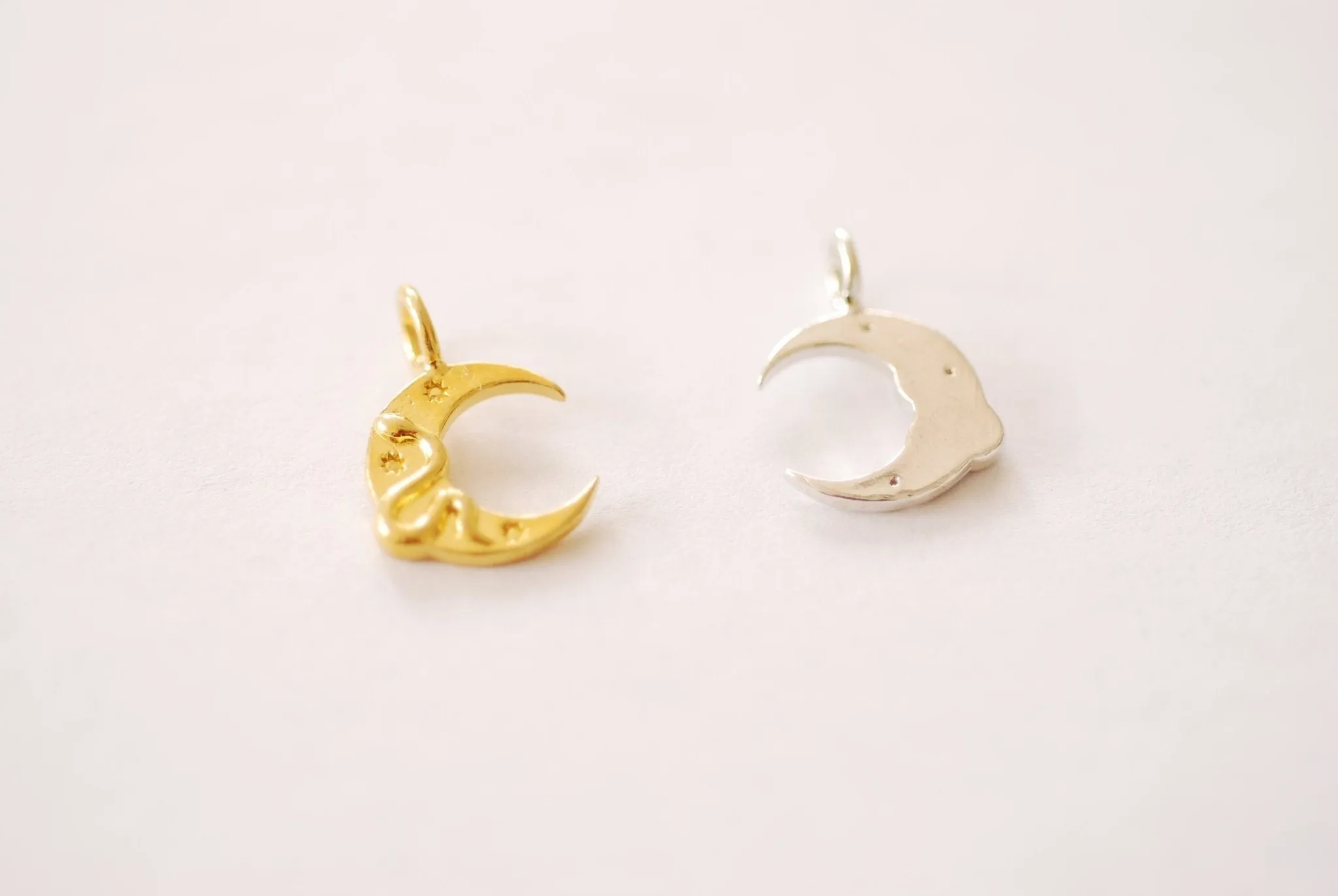 Vermeil Gold or Sterling Silver Crescent Moon Snake Charm - 18k gold plated Crescent Moon Star Snake Celestial Astrology Charm, 544