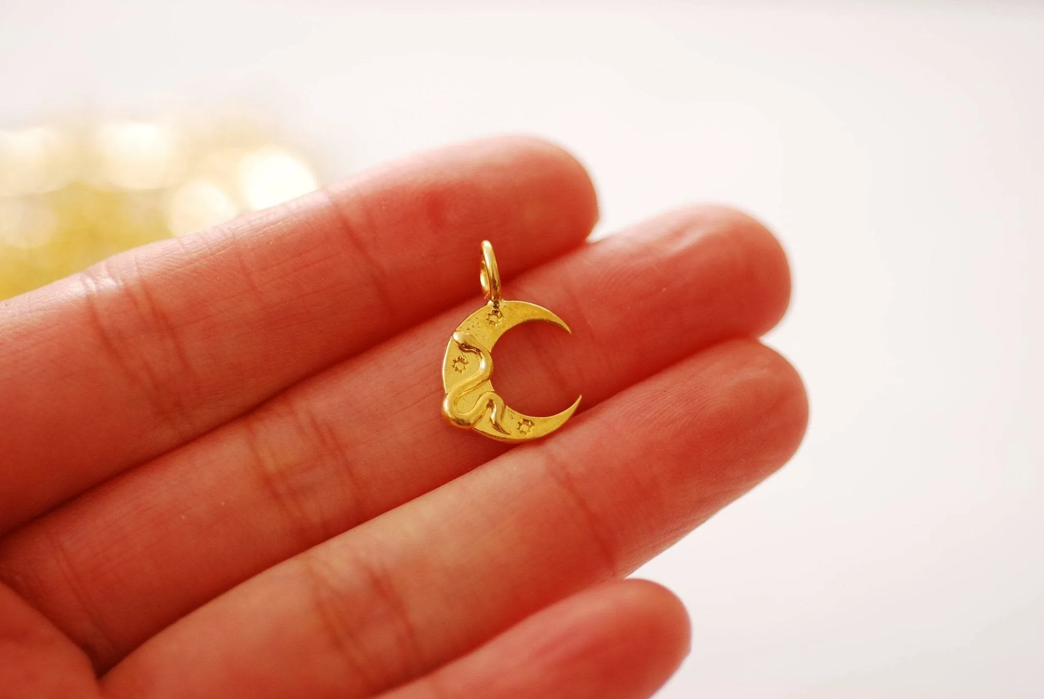 Vermeil Gold or Sterling Silver Crescent Moon Snake Charm - 18k gold plated Crescent Moon Star Snake Celestial Astrology Charm, 544