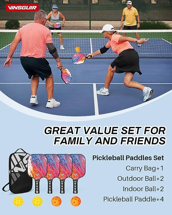 Vinsguir Fiberglass Pickleball Paddles Set of 4 Rackets and 4 Pickle Balls