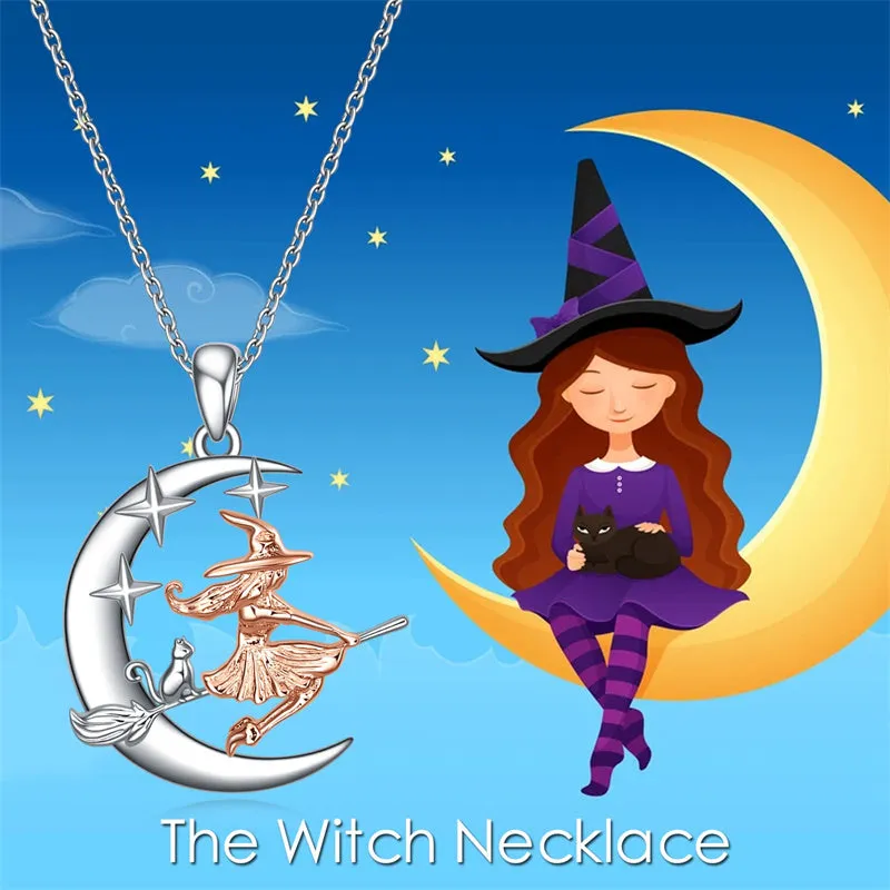 Witches Necklace Sterling Silver Cat Witch Hanging on Broom Jewelry Gifts for Women